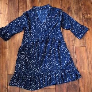3/4 sleeve blue and white polka dot layered dress